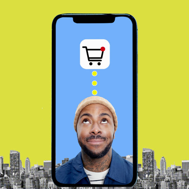 collage of man looking up at shopping cart symbol in mobile phone